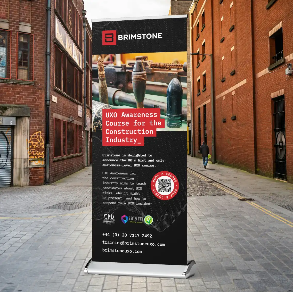 A roll-up banner in a street
