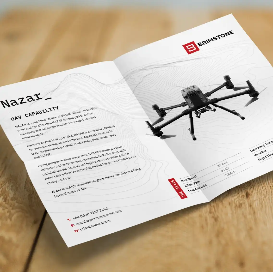 An unfolded technical sheet about a Brimstone UAV