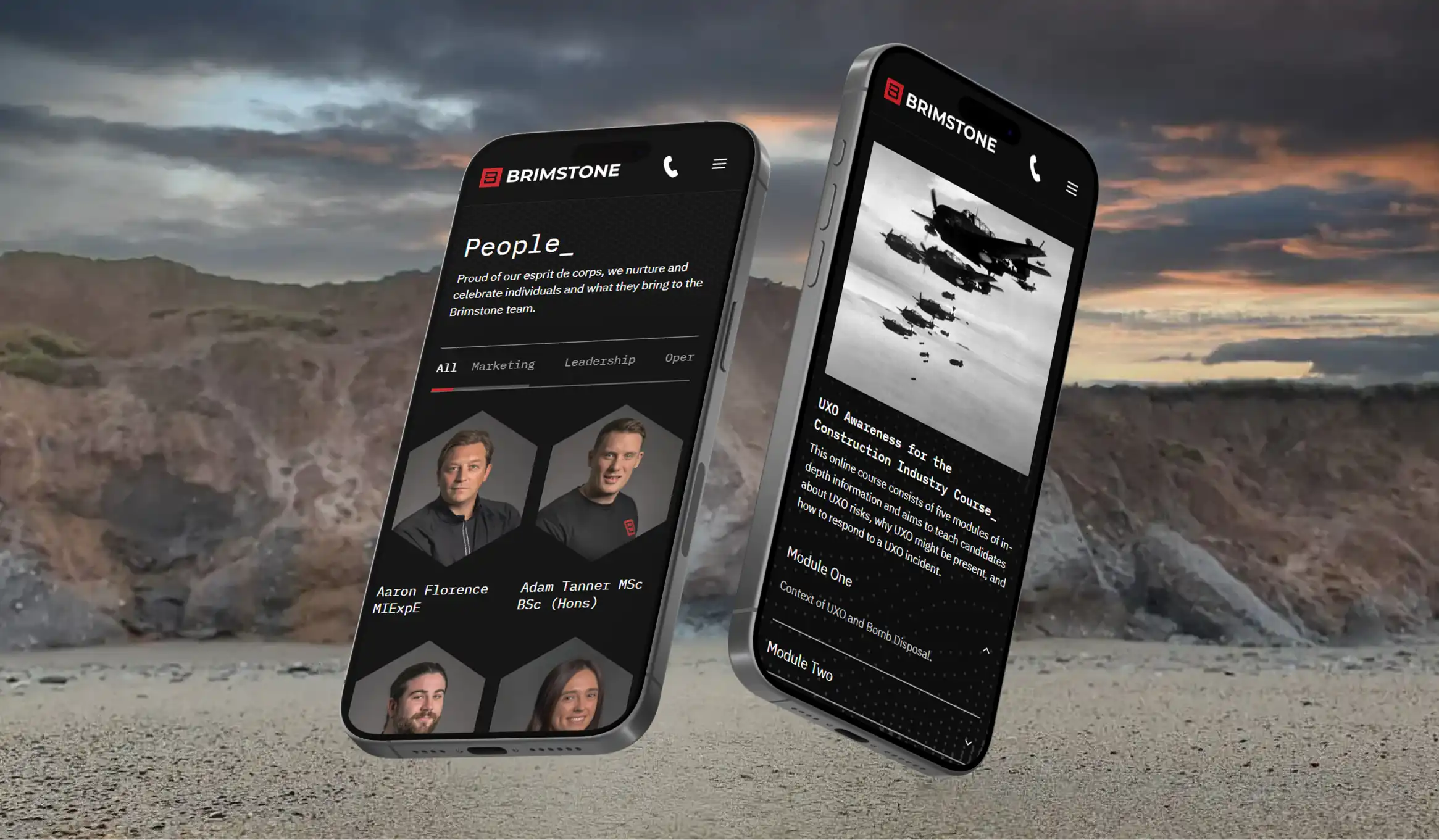 Two mobile phones featuring screenshots of the Brimstone website