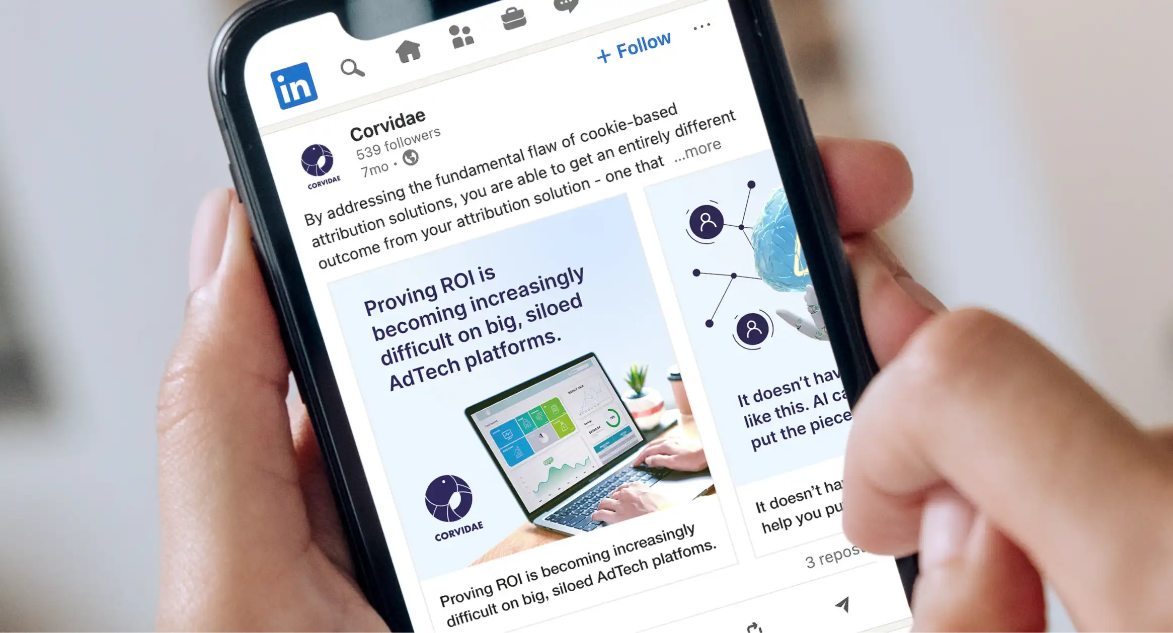 A mobile phone featuring a LinkedIn carousel