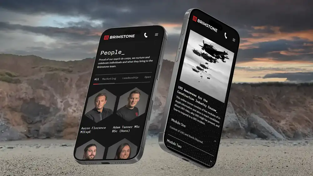 Two mobile phones featuring screenhots of the Brimstone website