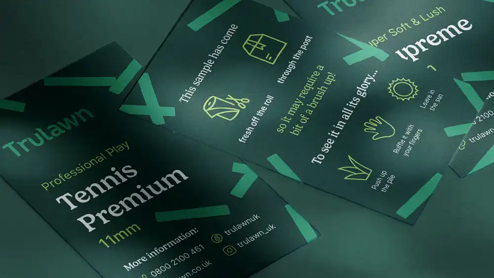 Three artificial grass sample labels