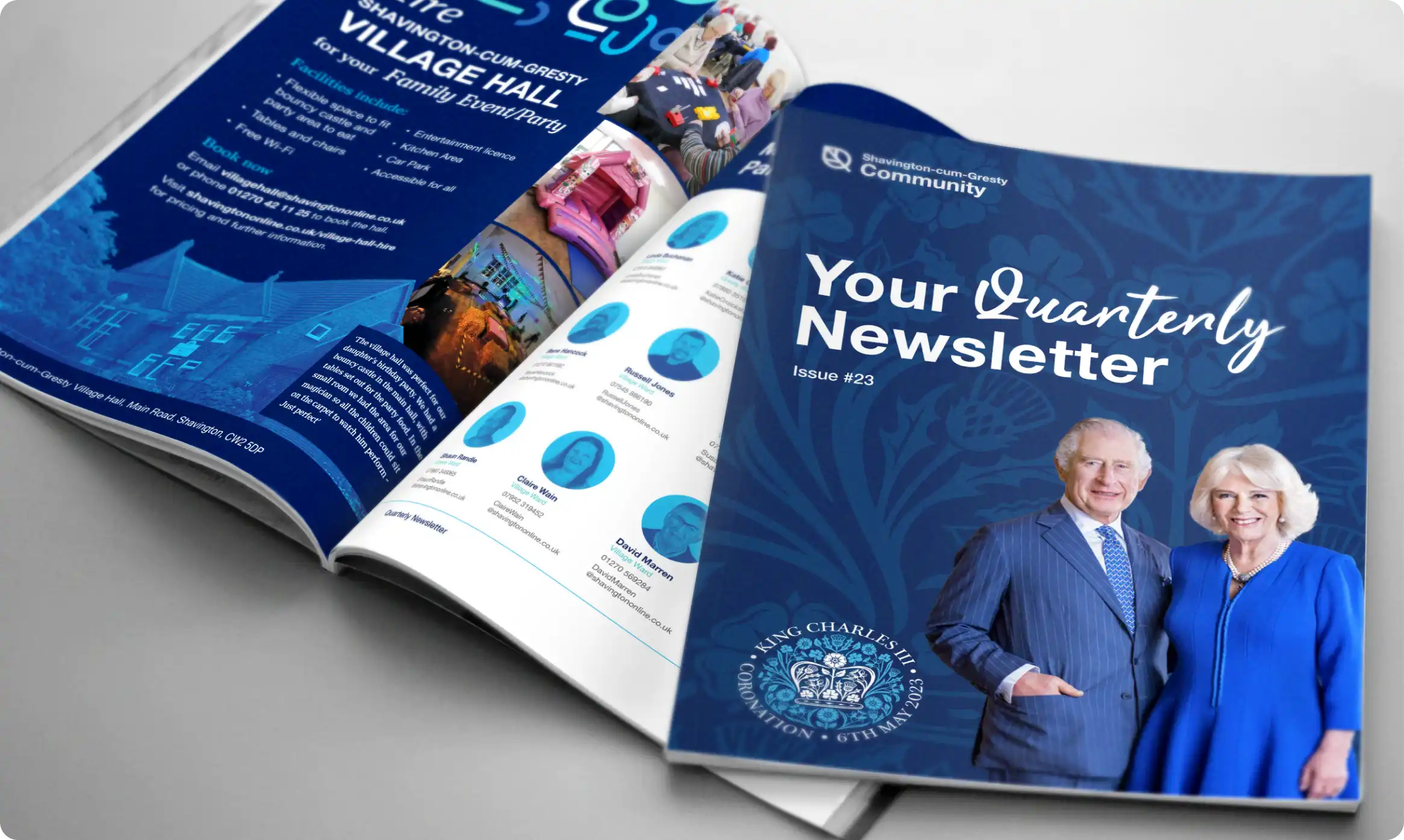 An open copy of the Shavington quarterly newsletter with a closed copy on top