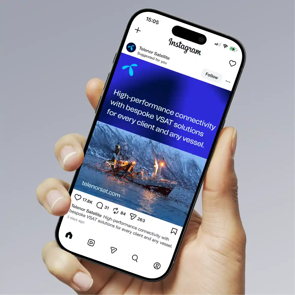 A mobile phone displaying an Instagram advert
