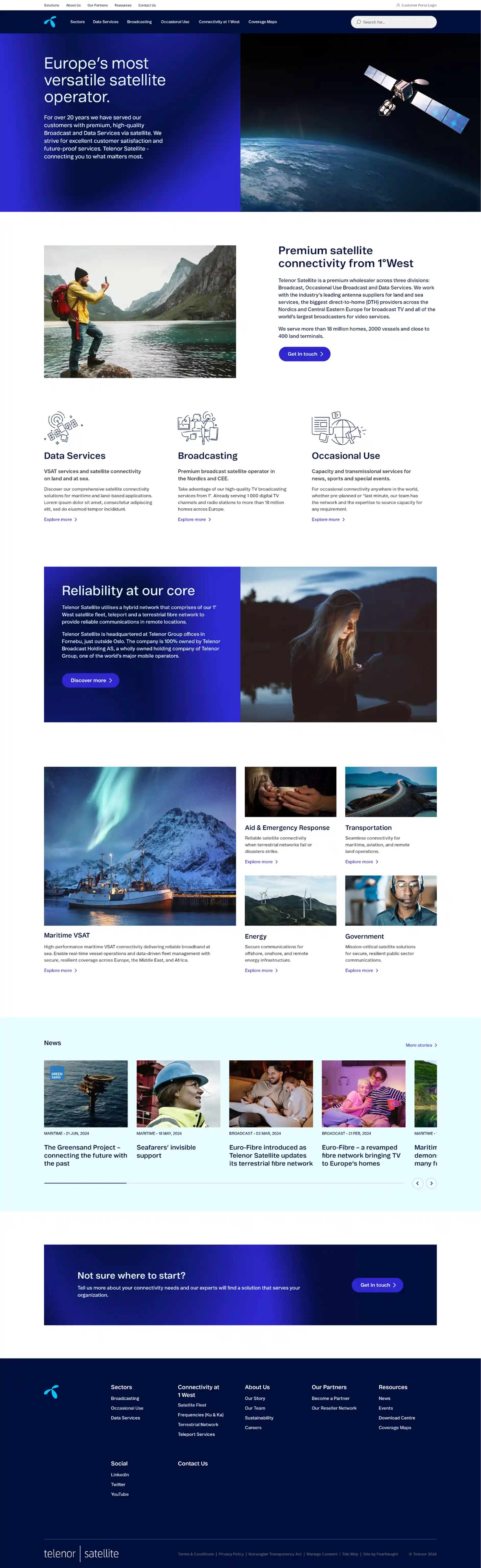 A screenshot of the Telenor Satellite website homepage