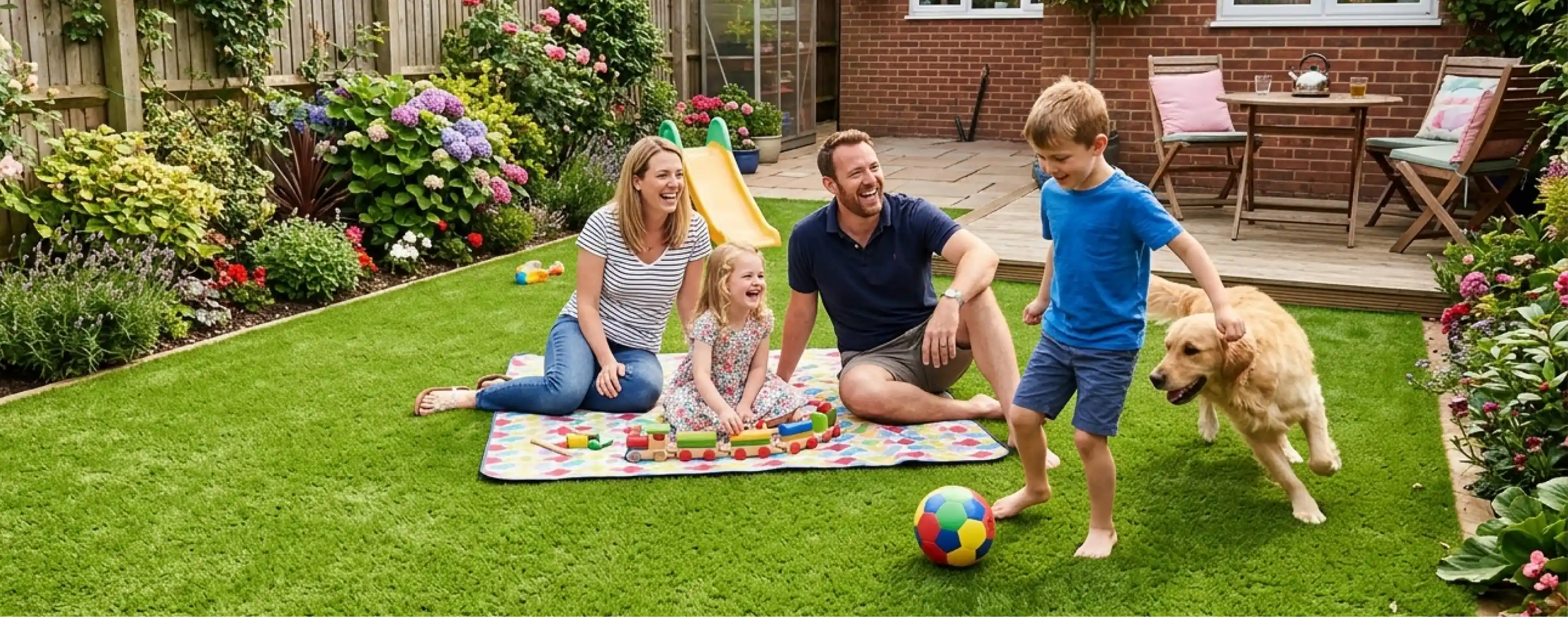 A family and their dog in a home garden